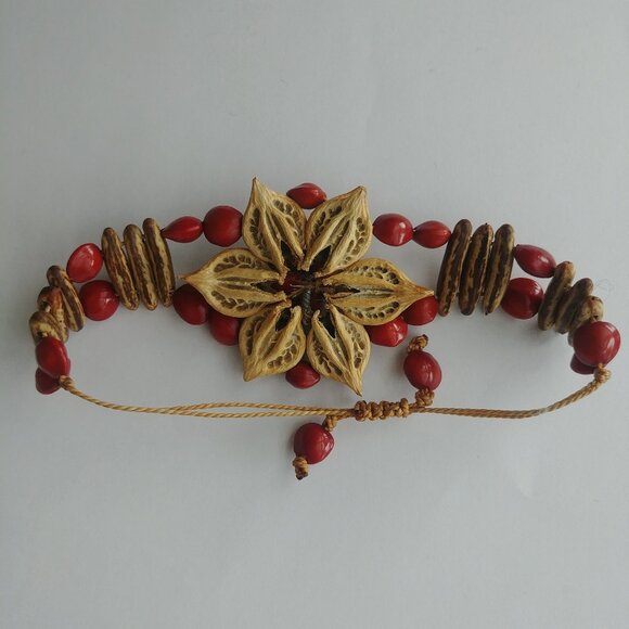 4/$20 Y2K wood and bead adjustable bracelet flower orange and brown - Picture 7 of 9